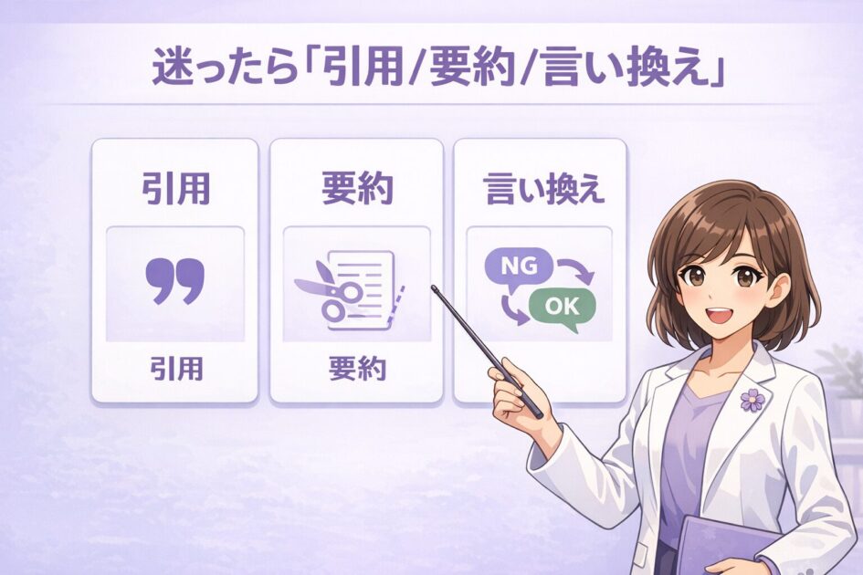 引用・要約・言い換えの違いを比較する図をもこあい先生が示す挿絵