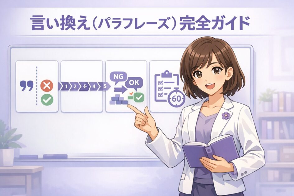 言い換え（パラフレーズ）を安全に行う要点を示すもこあい先生のアイキャッチ