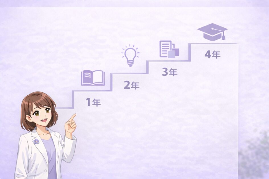 大学1年から4年へ言い換えが上達する階段図をもこあい先生が案内する挿絵