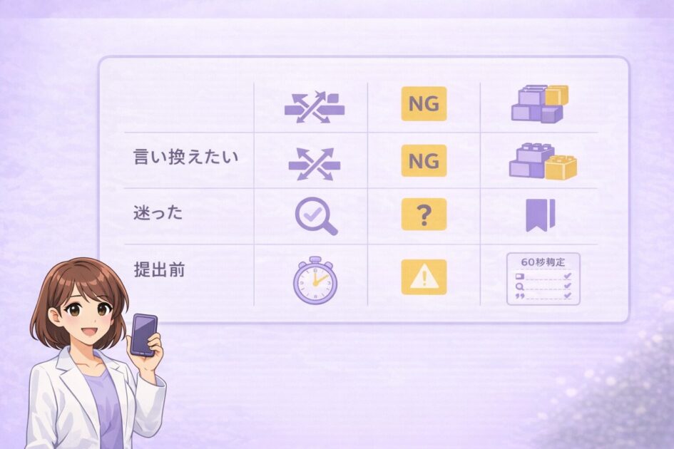 場面別の最短行動と復帰先をまとめた1枚シートをもこあい先生が示す挿絵