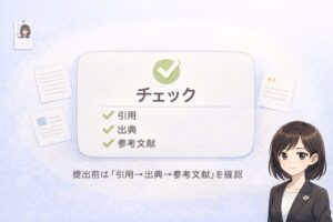 引用と参考文献の確認ポイントをチェックで示す大学レポート用の挿絵