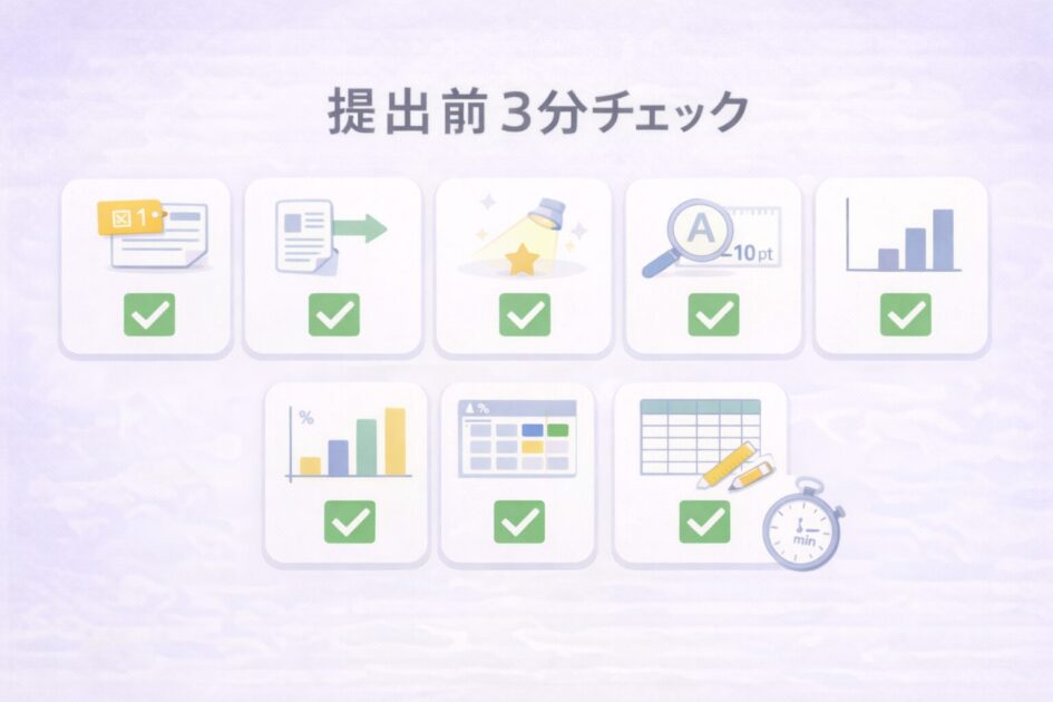 大学レポートの図表を提出前3分で確認するチェックリストを図解したイラスト