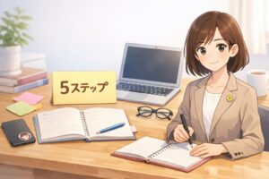 大学レポートの5ステップを机上の道具で示したイラスト