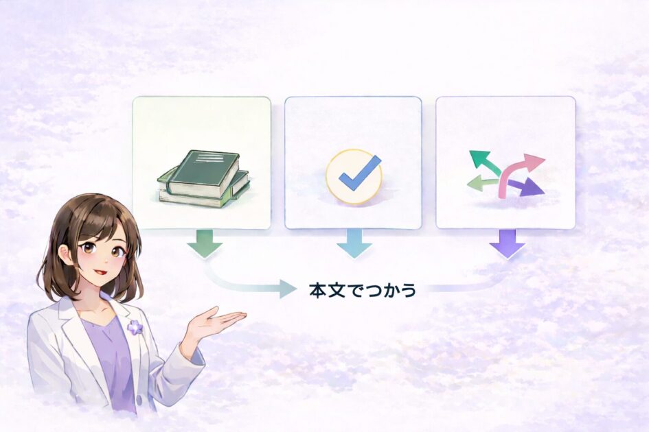 参考文献3本を整理・根拠・反例の役割に分けて使う考え方を示す図