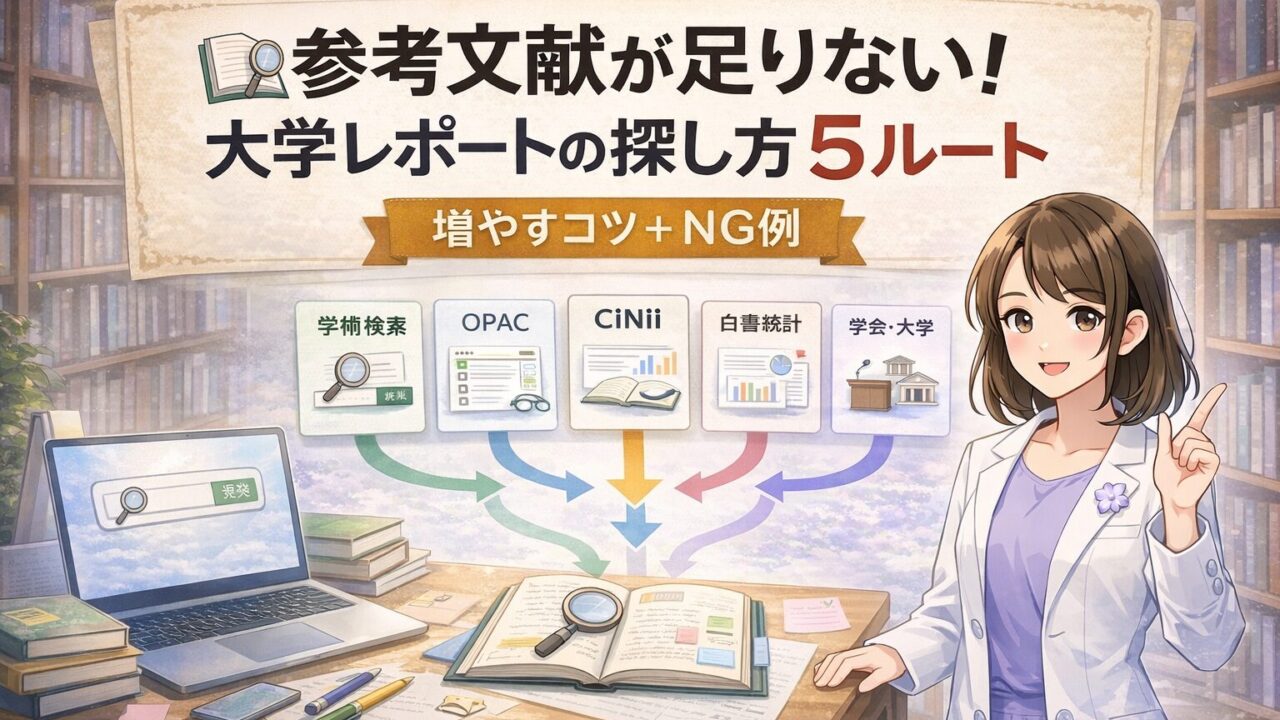 参考文献が足りない大学レポートの探し方5ルートを示すもこあい先生のアイキャッチ