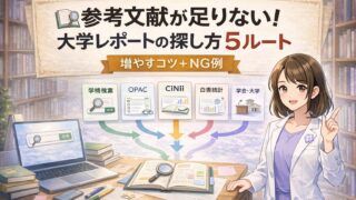 参考文献が足りない大学レポートの探し方5ルートを示すもこあい先生のアイキャッチ