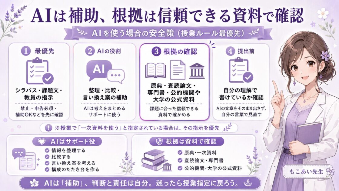 大学レポートでAIを補助として使い、根拠は課題に合った信頼できる資料で確認する4つのポイントをまとめた図解