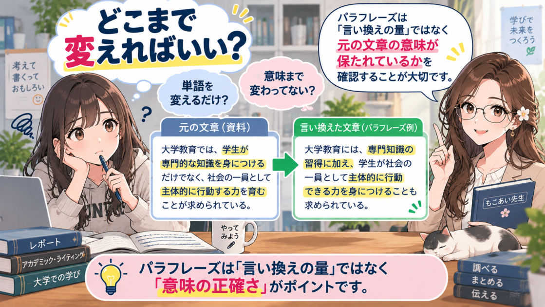 パラフレーズでどこまで文章を変えればよいか悩む大学生ともこあい先生のイラスト