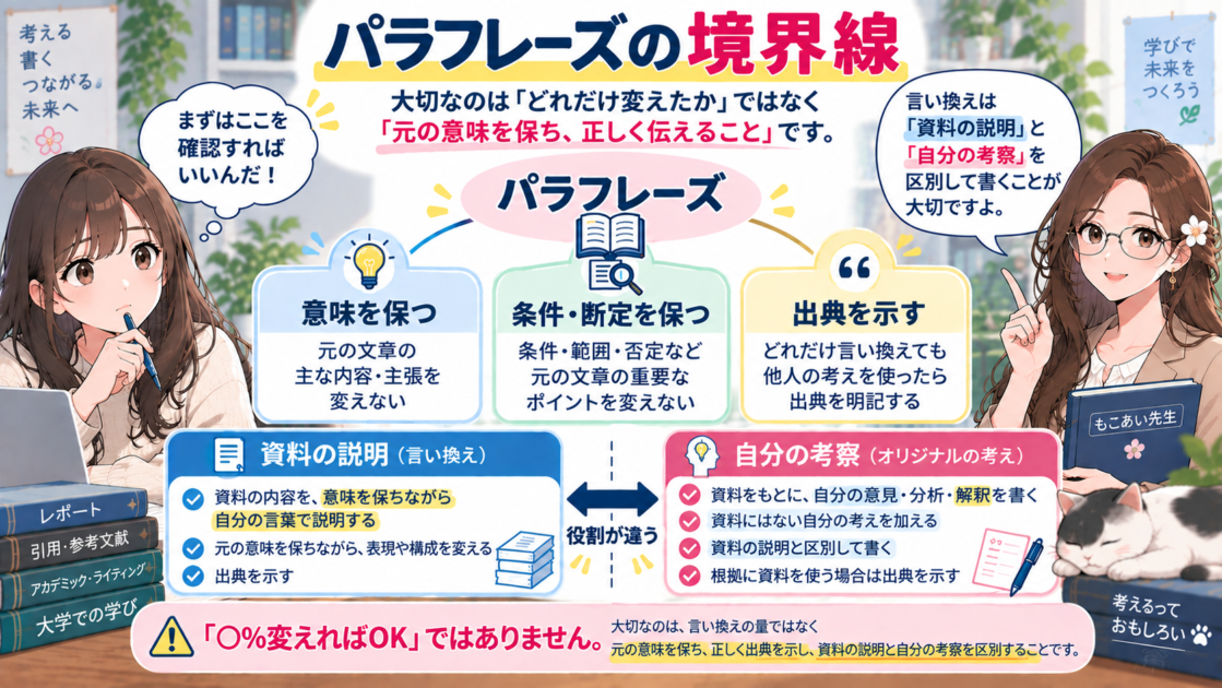 パラフレーズで意味・条件・出典を確認し資料の説明と自分の考察を区別する図