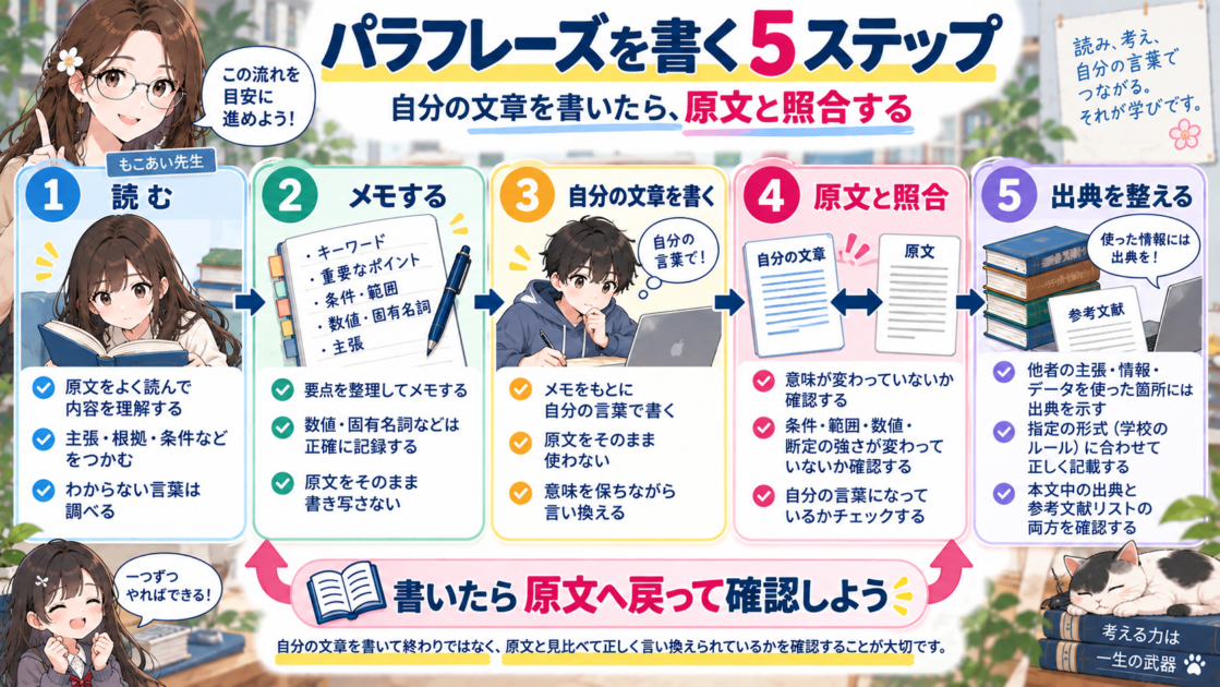 読む・メモ・執筆・原文照合・出典確認のパラフレーズ5段階を示した図