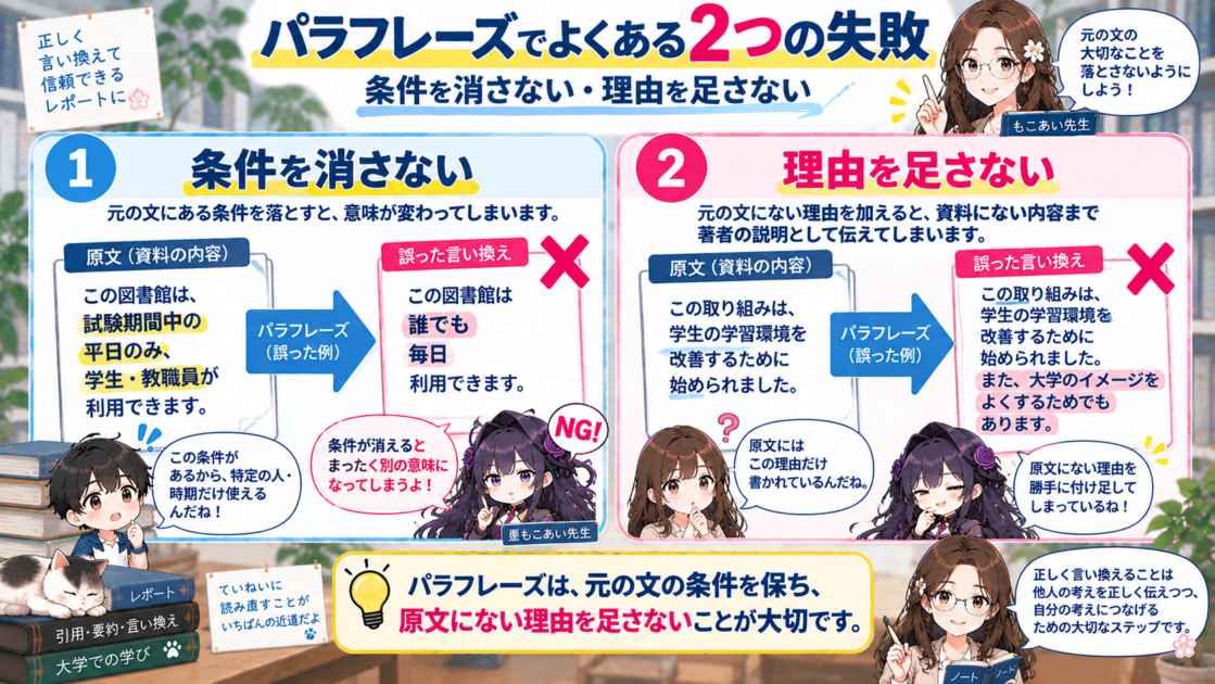 パラフレーズで条件を落としたり原文にない理由を追加したりする誤りを比較した図