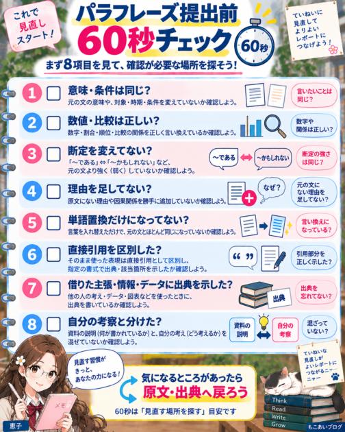 パラフレーズ提出前に意味・条件・出典など8項目を確認する60秒チェック表
