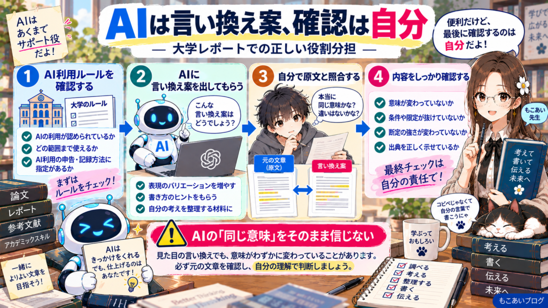 AIの言い換え案を大学生が原文と照合して意味や出典を確認する図
