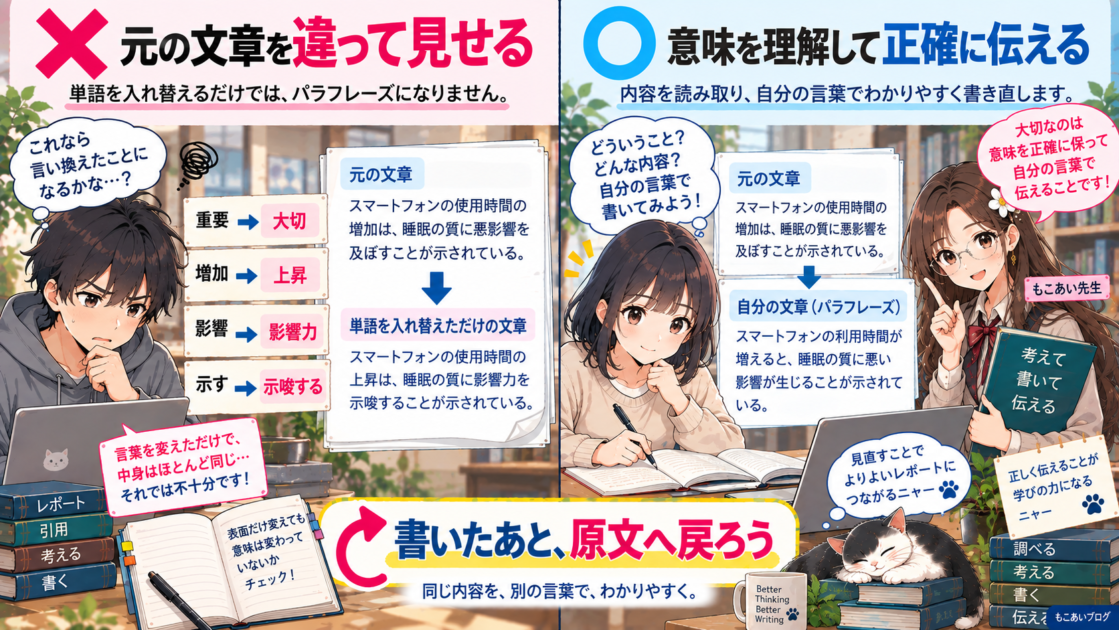 文章を違って見せることと意味を理解して正確に伝えるパラフレーズを比較した図