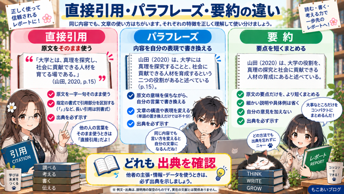 直接引用・パラフレーズ・要約の違いを3列で比較した大学レポート向け図