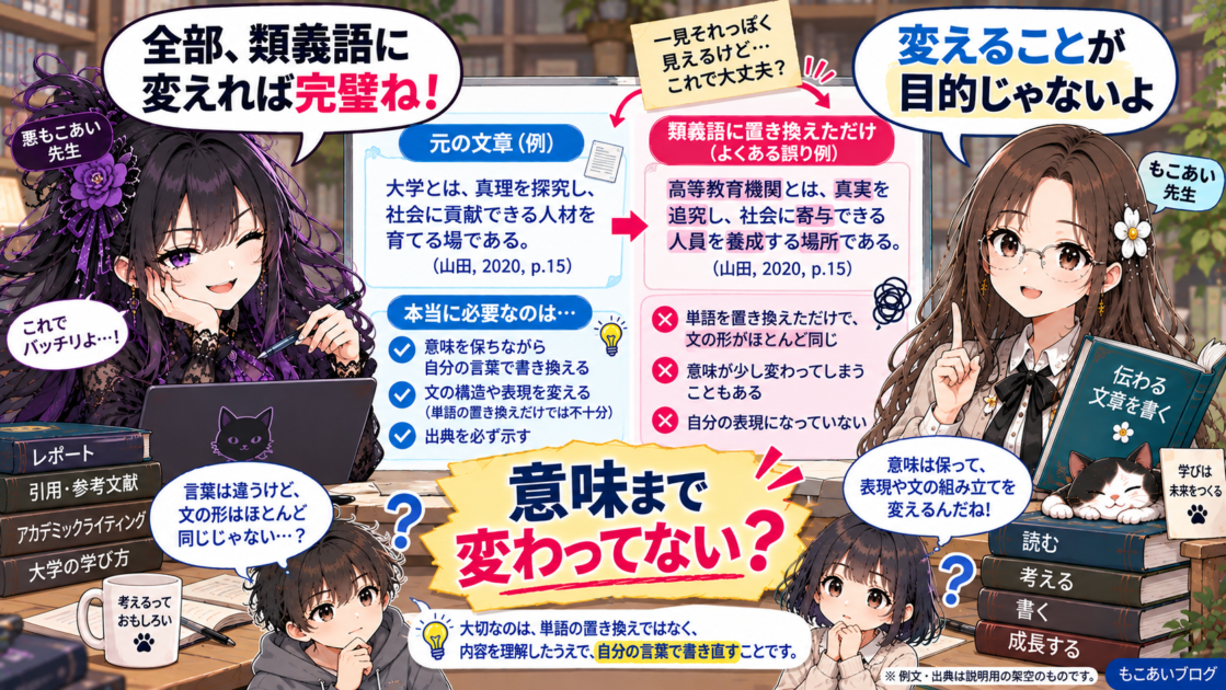 単語をすべて類義語に変えようとする悪もこあい先生ともこあい先生のパラフレーズ解説