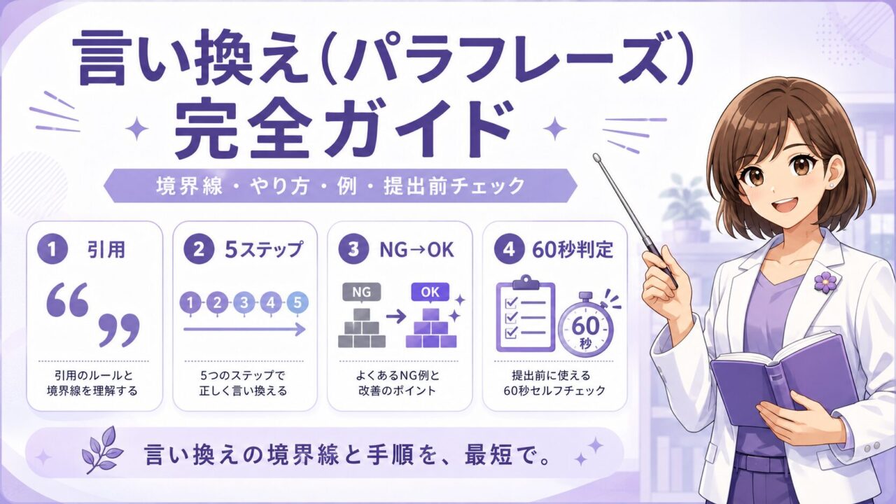 大学レポートのパラフレーズで、引用・5ステップ・NG例・提出前60秒判定を案内するもこあい先生のアイキャッチ画像