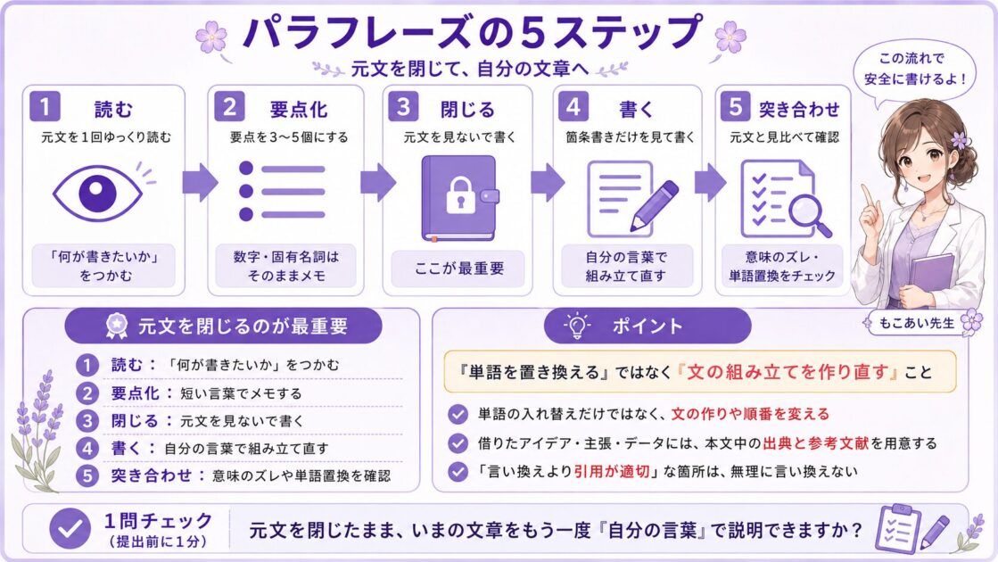 大学レポートのパラフレーズで、元文を読む、要点化する、元文を閉じる、自分の言葉で書く、元文と突き合わせる5ステップをまとめた図解