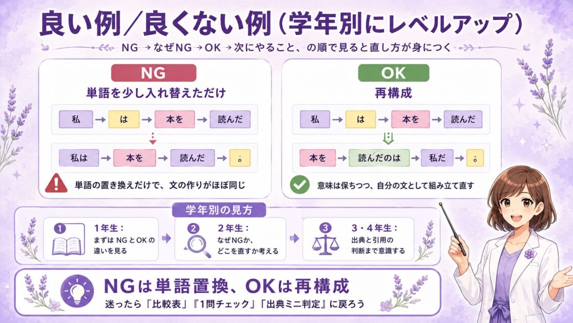 大学レポートのパラフレーズで、単語置換だけのNG例と、意味を保ちながら文の構成を変えるOK例を比較した図解