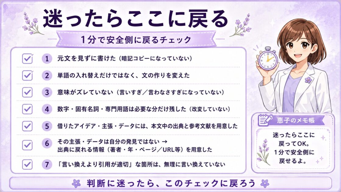 大学レポートのパラフレーズで迷ったときに、言い換えと出典を確認する7項目をまとめたチェックリスト図解