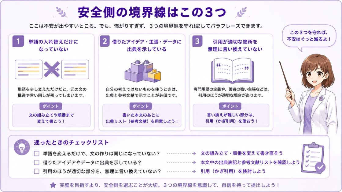 大学レポートのパラフレーズで守りたい、安全側の3つの境界線をまとめた図解