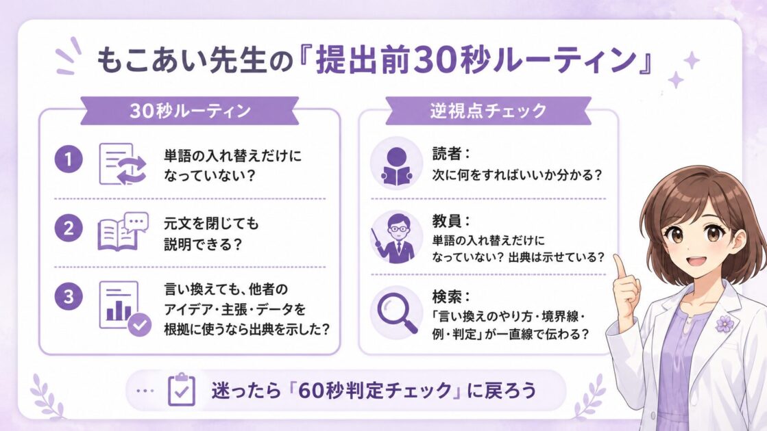大学生向けに、パラフレーズ提出前の30秒ルーティンと逆視点チェックをまとめた確認用の図解