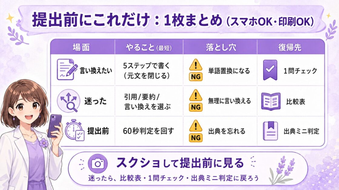 大学レポートのパラフレーズ提出前に、言い換え・迷ったとき・提出前の行動、落とし穴、復帰先をまとめたチェックリスト図解
