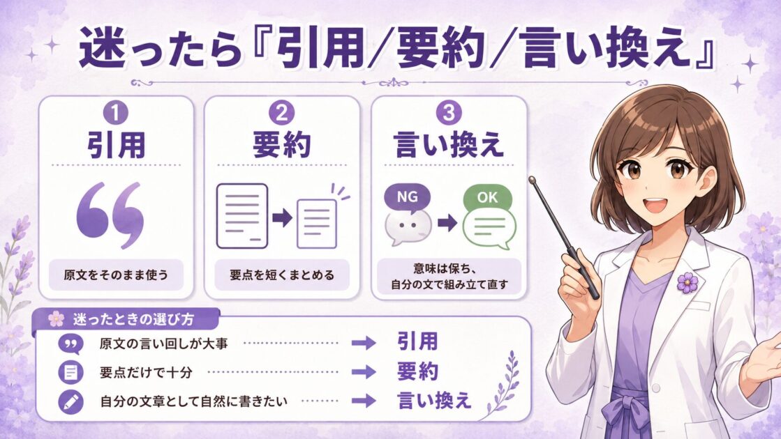 大学レポートで迷いやすい引用・要約・言い換えの違いと選び方をまとめた図解