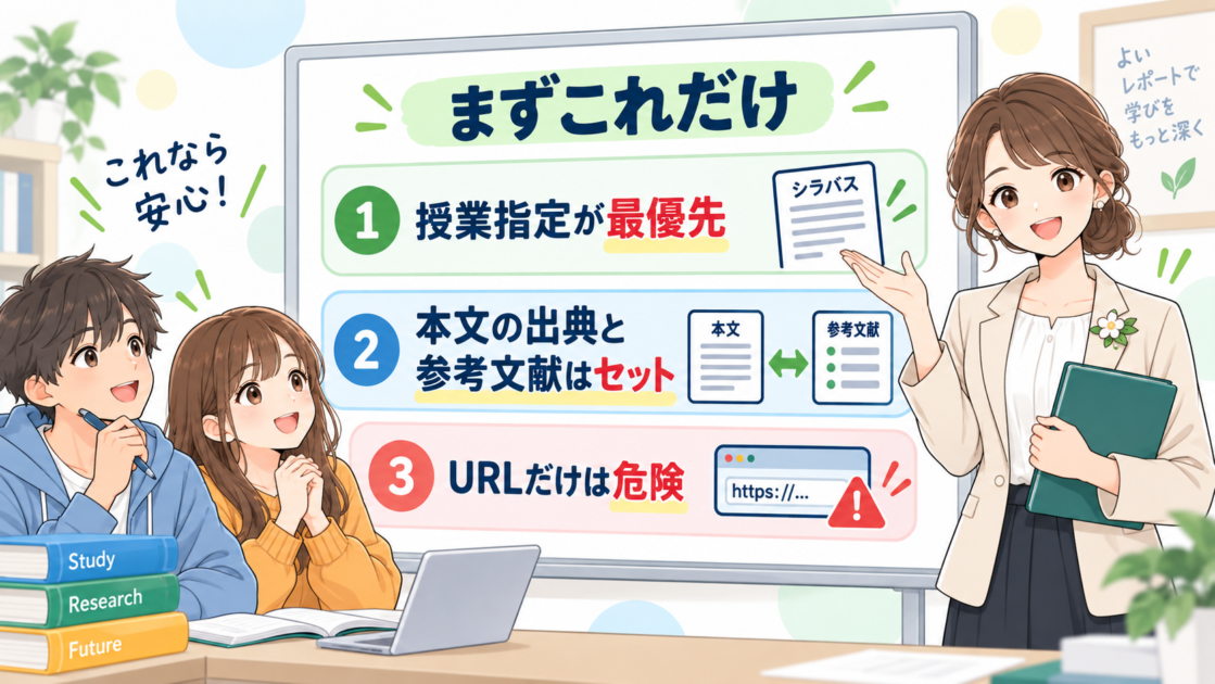 参考文献の最小ルール3つを、もこあい先生が示している図解