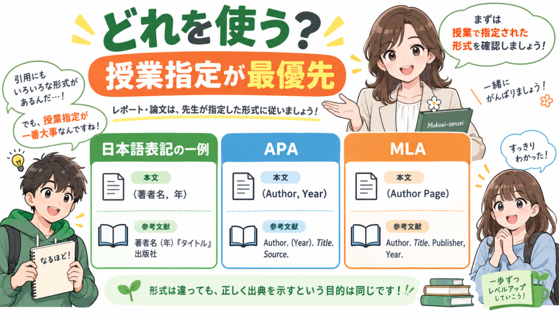 日本語表記例、APA、MLAの違いを比較した図解