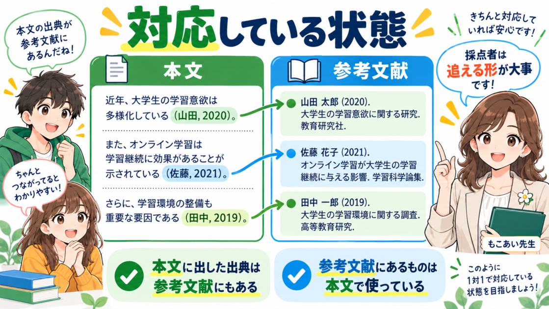 本文中の出典表示と参考文献リストが対応している状態を示した図解
