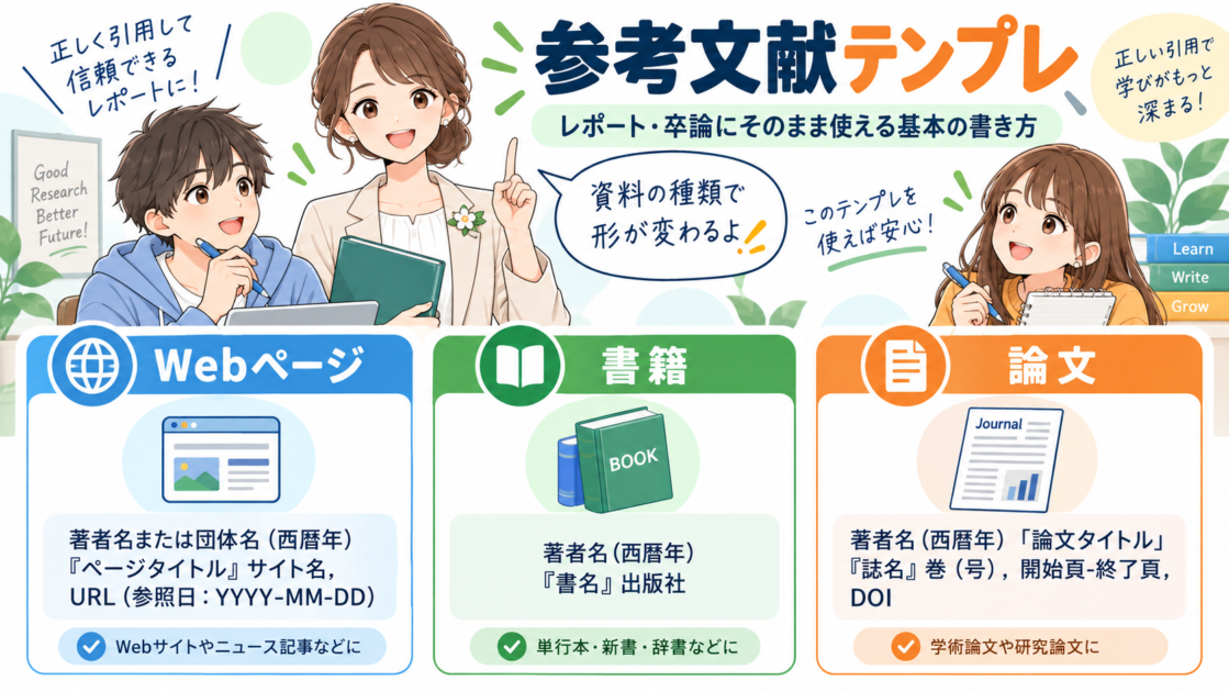 Webページ、書籍、論文の参考文献テンプレを整理した図解