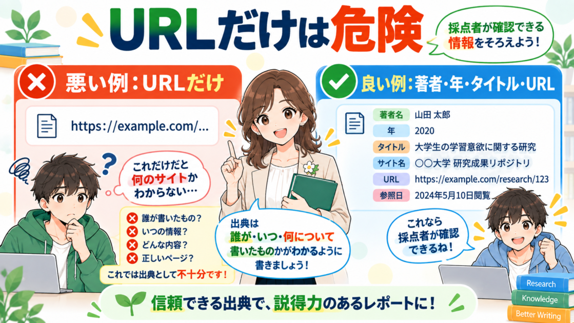 URLだけの参考文献が危険である理由を、悪い例と良い例で示した図解