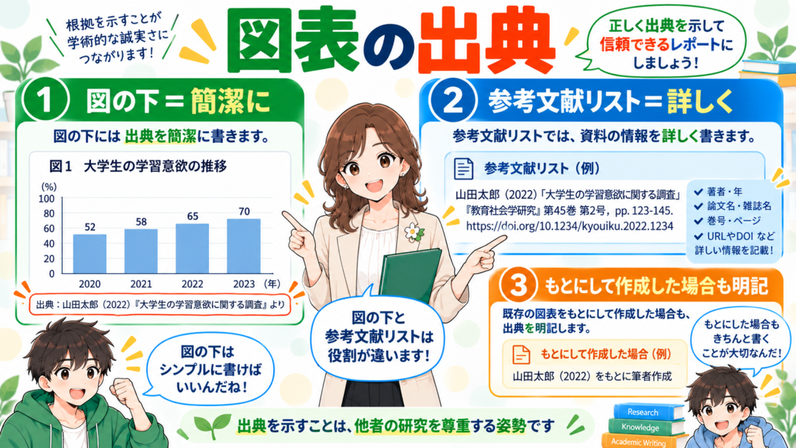図表出典の書き方を、図の下と参考文献リストの2段階で整理した図解