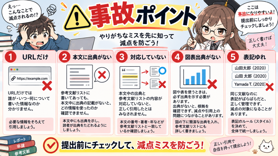 参考文献で減点されやすい5つの事故ポイントを整理した図解