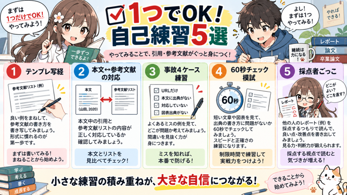 参考文献と引用の練習方法を5つ紹介した図解