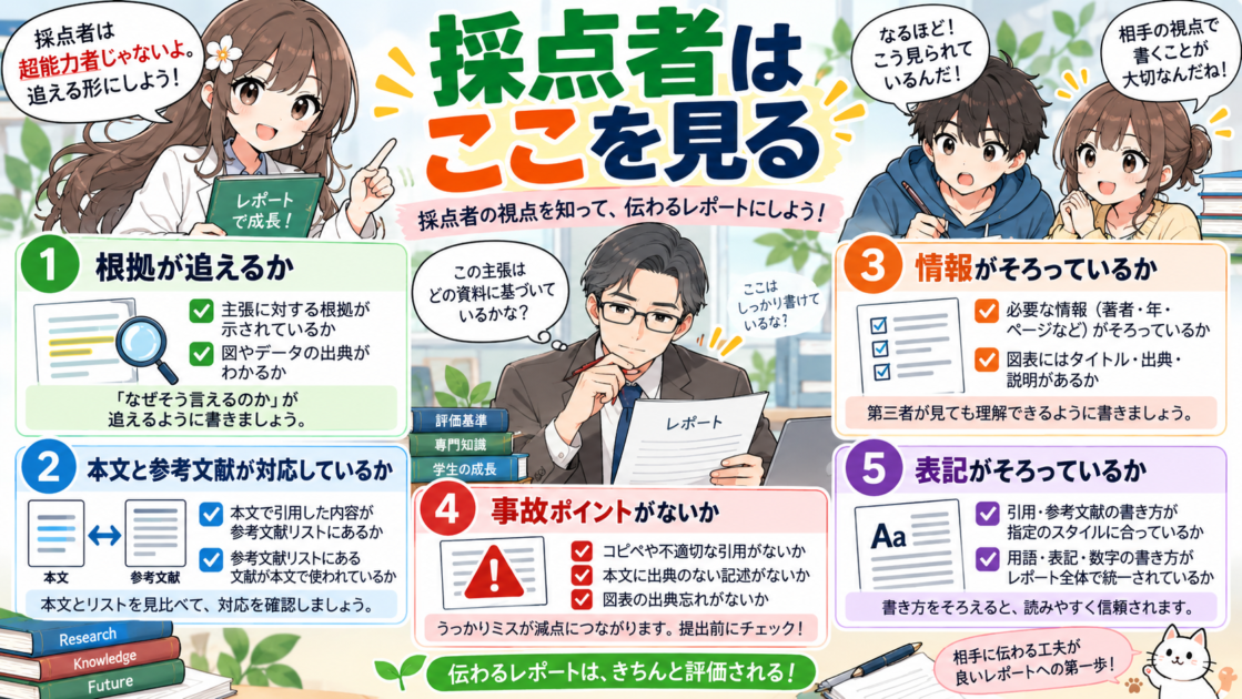 採点者がレポートのどこを確認しているかを整理した図解