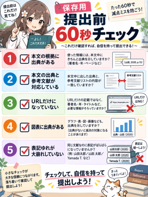 大学レポート提出前の参考文献60秒チェックを5項目でまとめた保存用画像