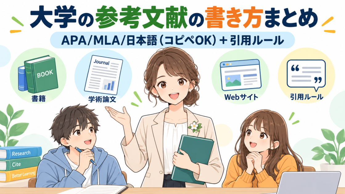 大学生向けに、参考文献の書き方と引用ルールを図解したアイキャッチ画像