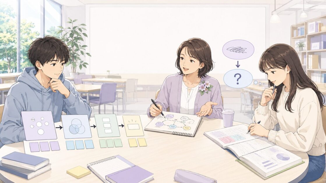 健太と恵子がもこあい先生と一緒に大学レポートのテーマを問いへ絞る会話イラスト