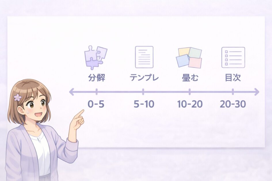 レポートのテーマを30分で決める手順を時間配分で示した図