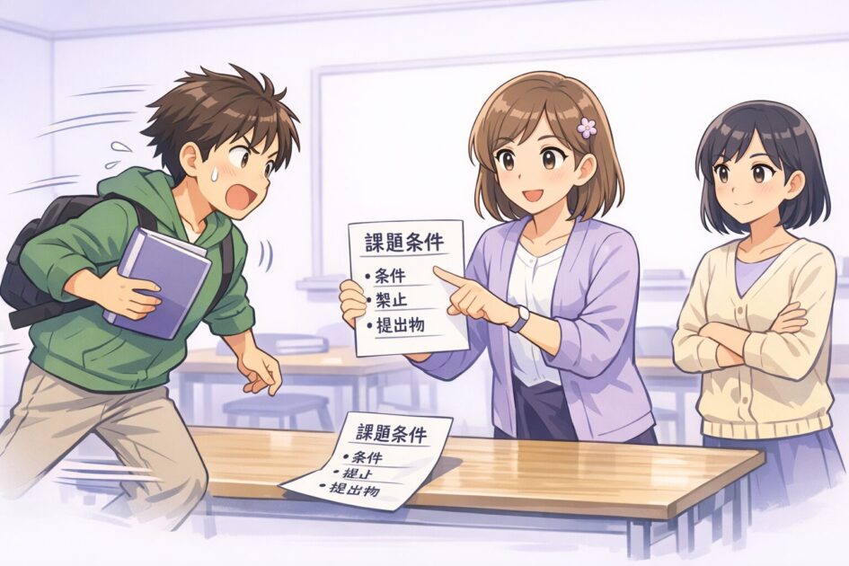 課題条件を確認せず進めてしまう失敗を示す挿絵