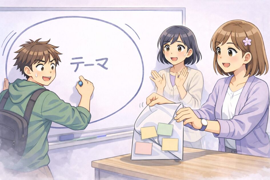 レポートのテーマが広すぎて迷子になる様子を示す挿絵