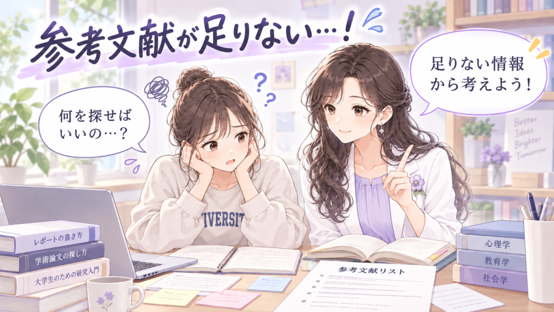 参考文献が足りず困る大学生に、もこあい先生が足りない情報から考えようと助言する挿絵