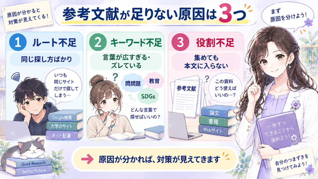 参考文献が足りない原因をルート不足、キーワード不足、役割不足の3つに整理した図解
