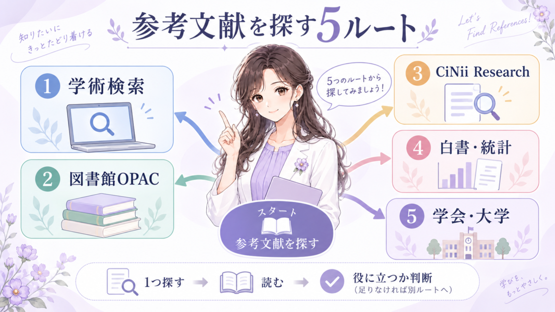 大学レポートの参考文献を探す5つのルートを全体図として示した案内イラスト