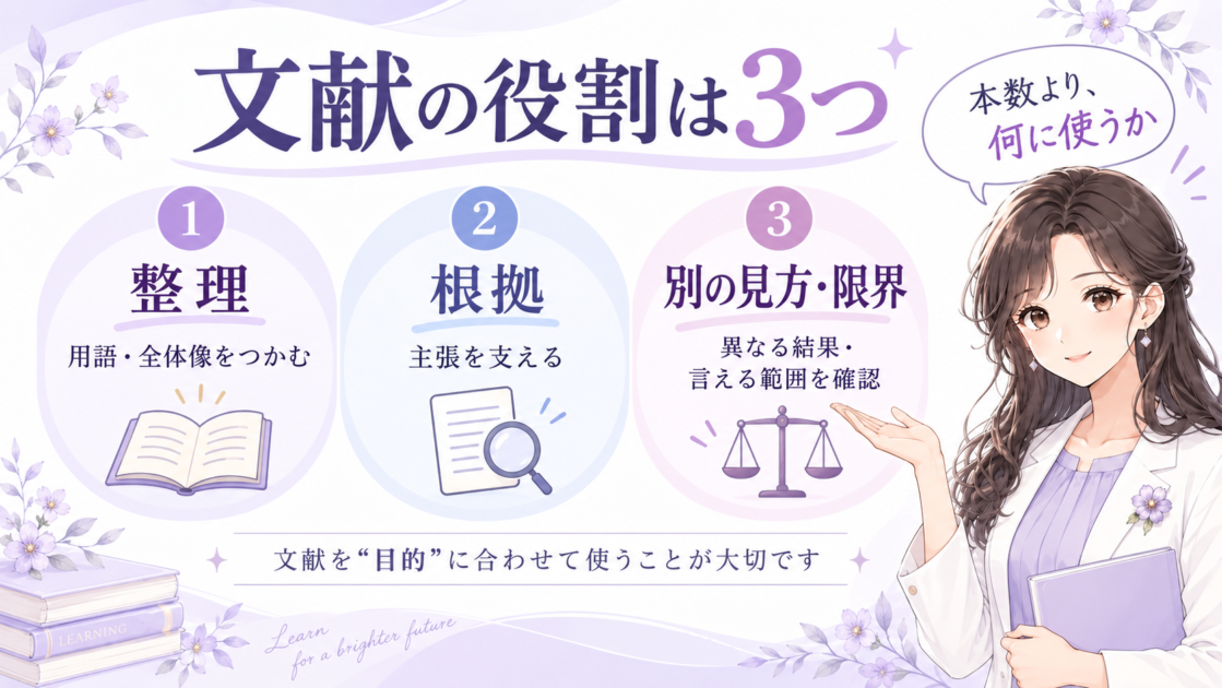 文献の役割を整理、根拠、別の見方・限界の3つに分けて説明した図解