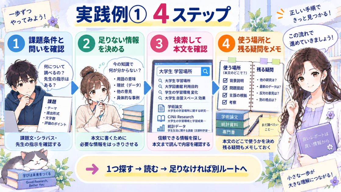 参考文献を探す実践例として、課題確認から検索とメモまでの4ステップを示した図解