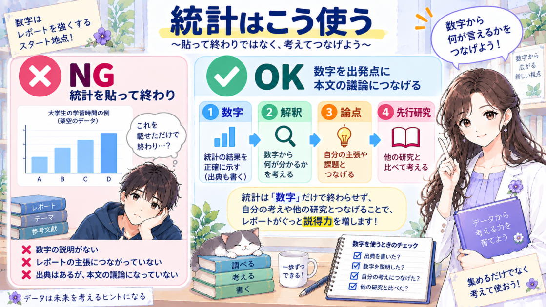 統計の使い方を、NGの貼るだけと、OKの数字から解釈・論点・先行研究につなぐ流れで比較した図解