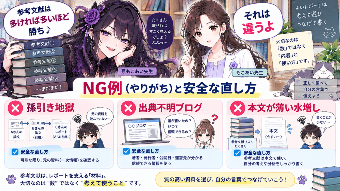 悪もこあい先生がありがちな参考文献のNG例をコミカルに示し、もこあい先生が正しい考え方を補足する挿絵